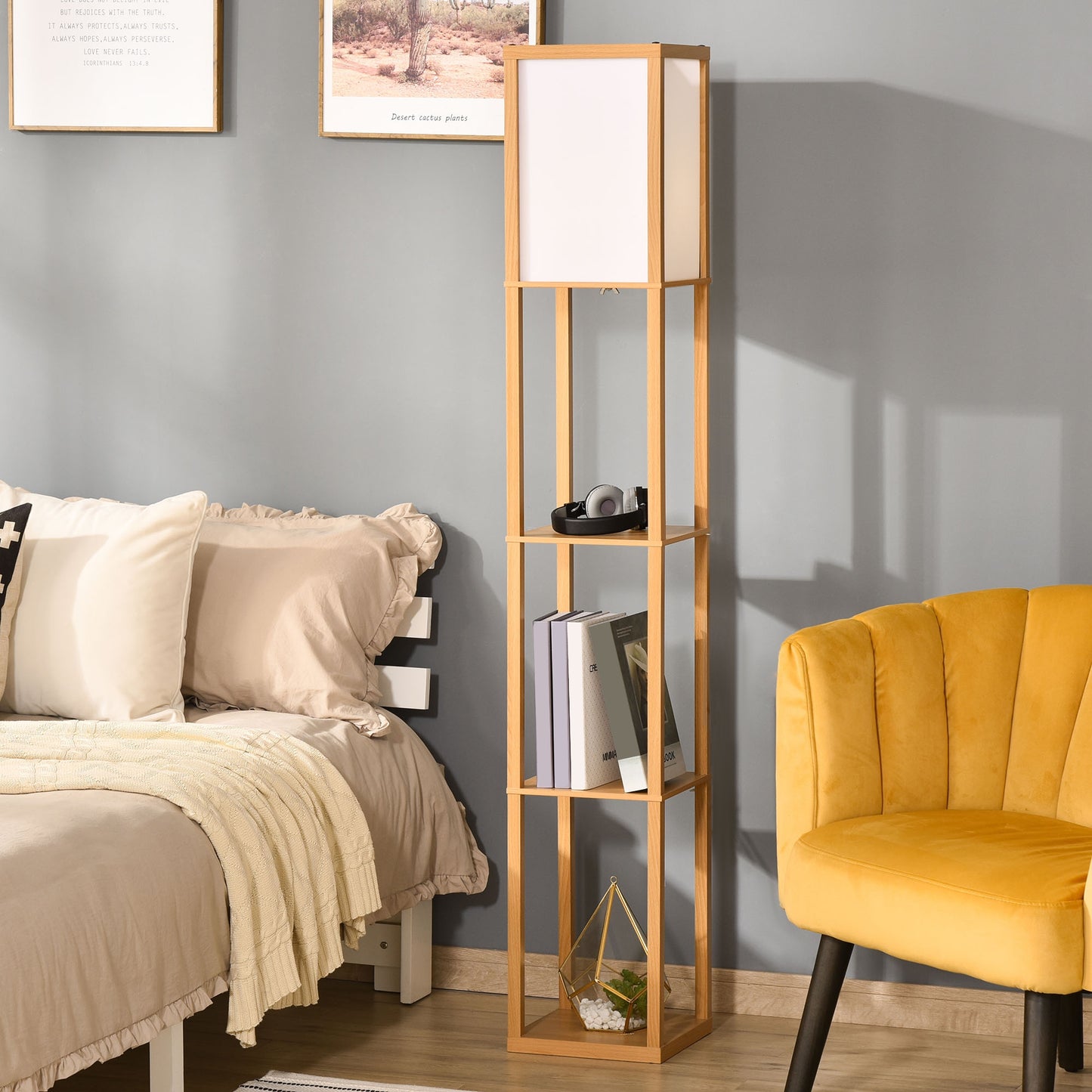 4-Tier Floor Lamp, Floor Light with Storage Shelf, Natural 3-Tier