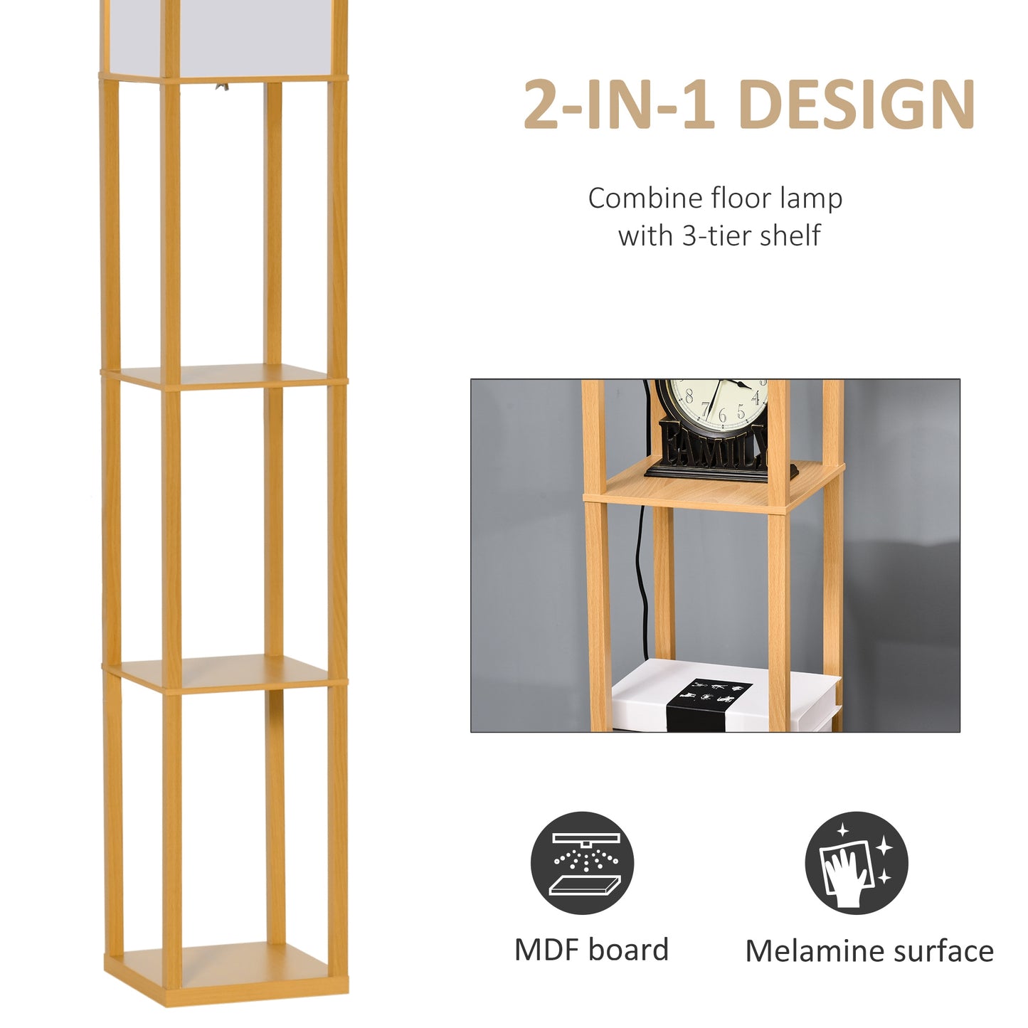 4-Tier Floor Lamp, Floor Light with Storage Shelf, Natural 3-Tier