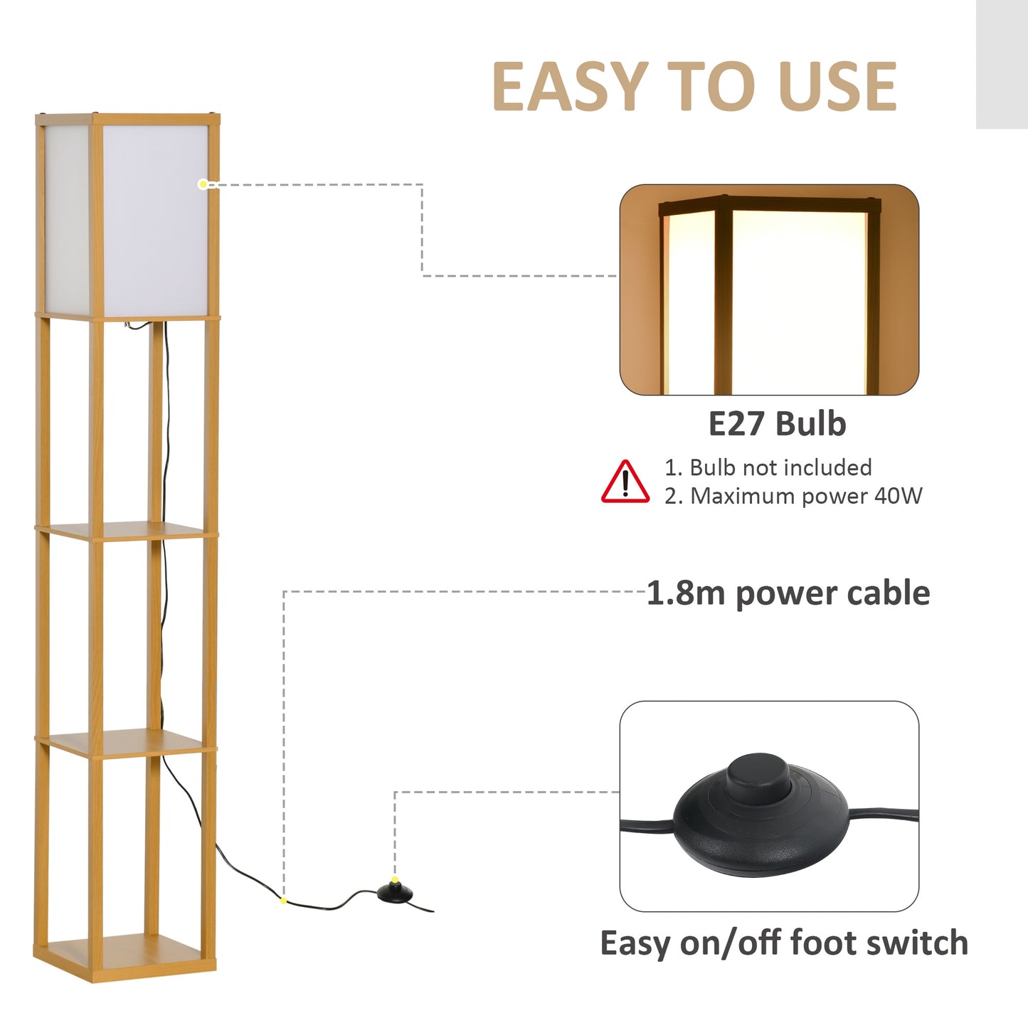 4-Tier Floor Lamp, Floor Light with Storage Shelf, Natural 3-Tier