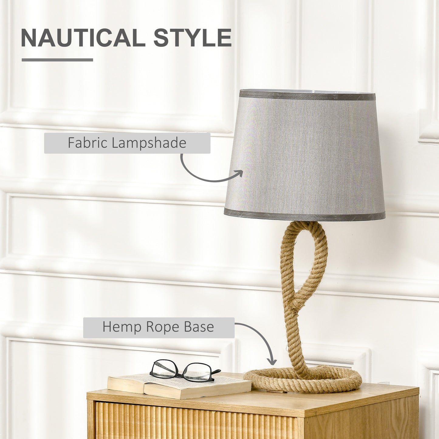 Farmhouse Table Lamp with Rope Base for E27 LED  Bulb, Desk Fabric Light