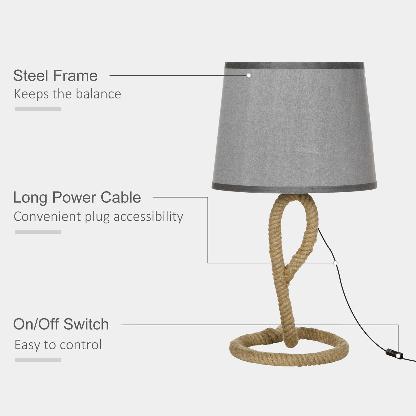 Farmhouse Table Lamp with Rope Base for E27 LED  Bulb, Desk Fabric Light