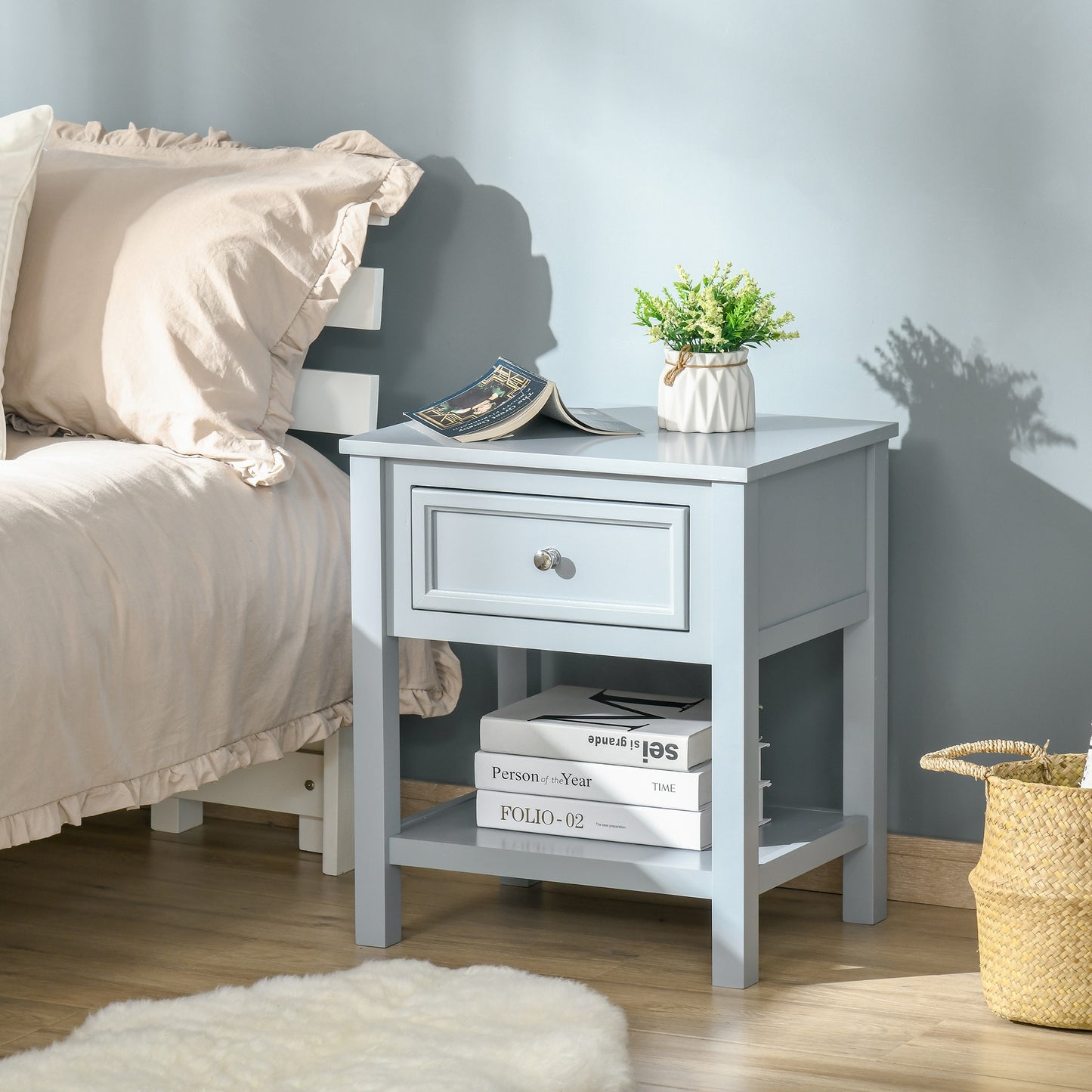 Boxy Accent Bedside End Table Nightstand Drawer Shelf  Grey