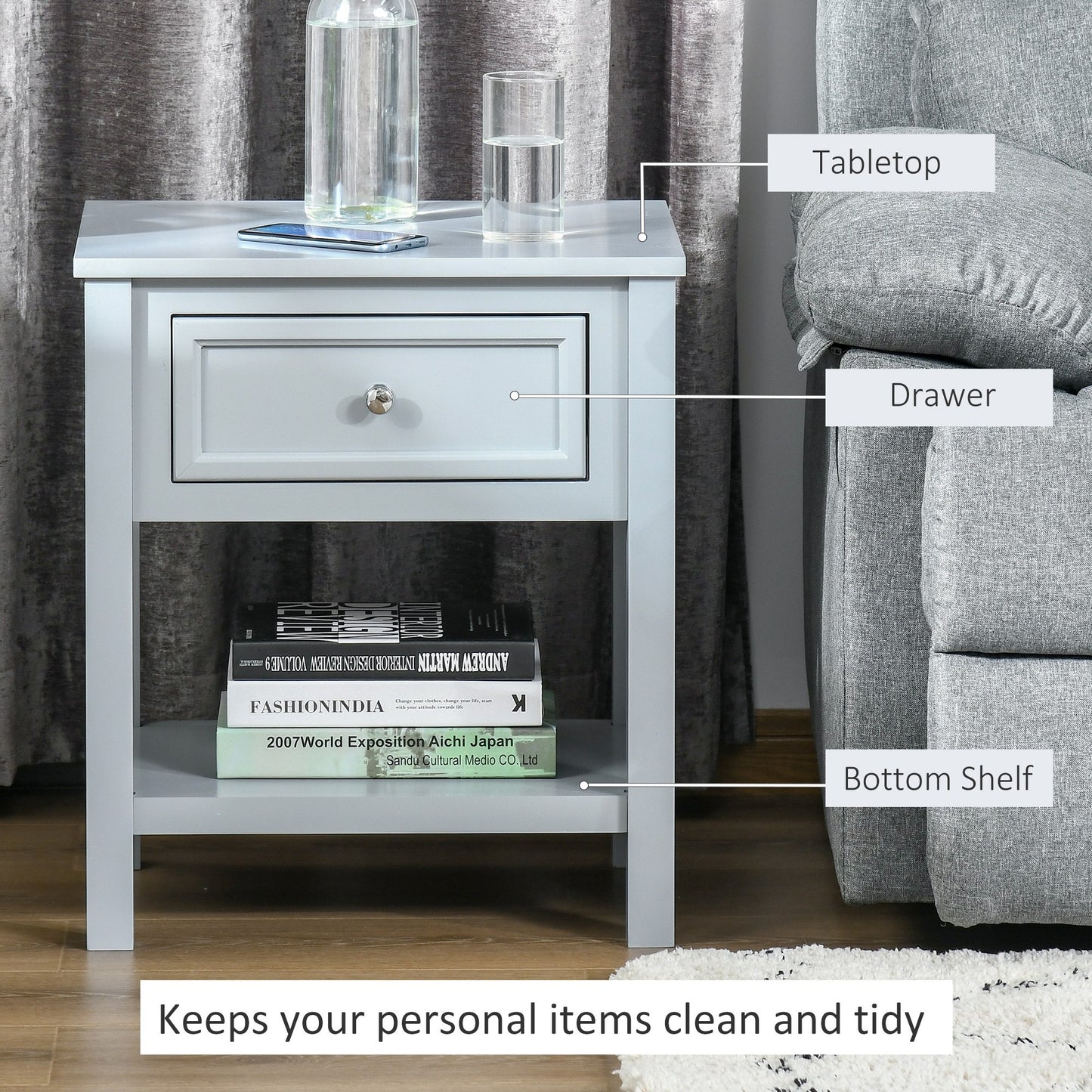 Boxy Accent Bedside End Table Nightstand Drawer Shelf  Grey