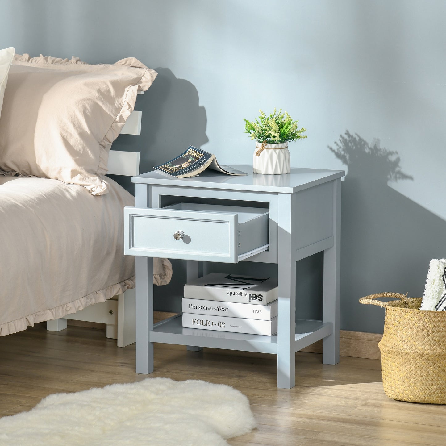 Boxy Accent Bedside End Table Nightstand Drawer Shelf  Grey