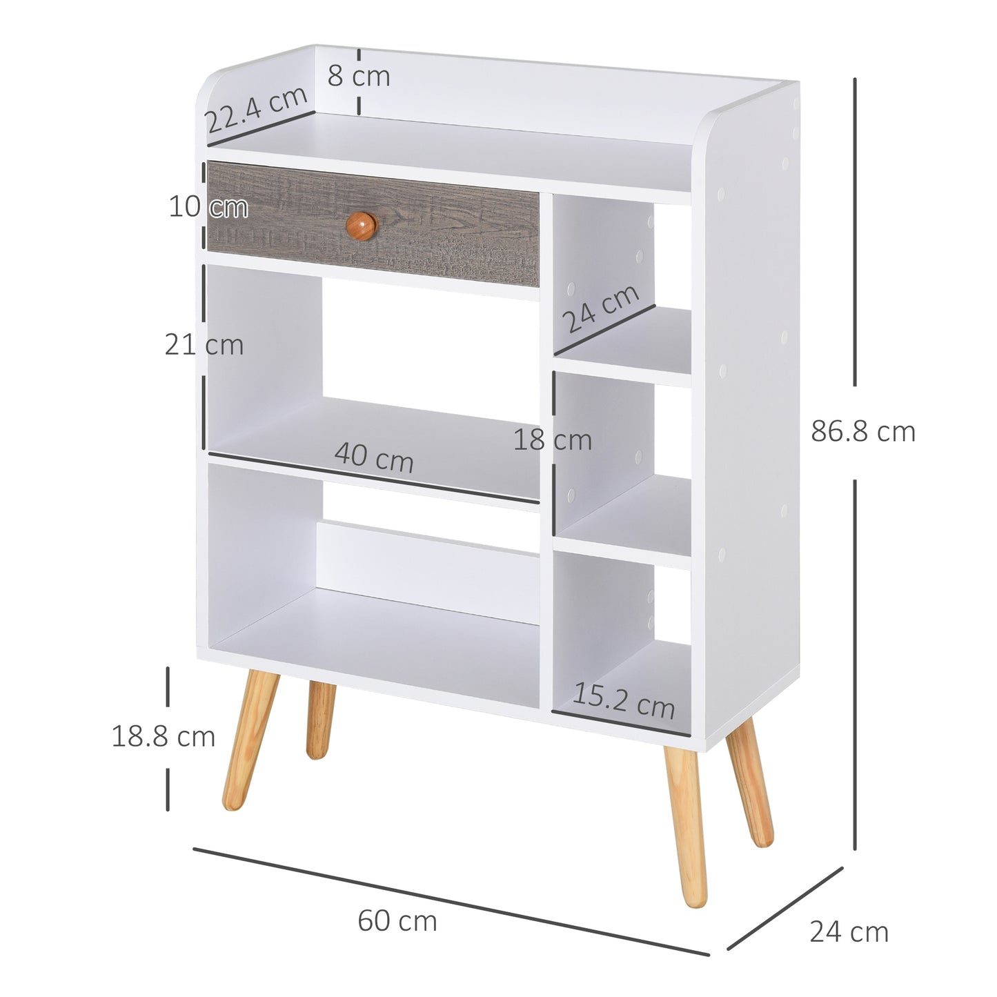 Multi-Shelf Bookcase Freestanding Storage Drawer Shelves Wood Leg White