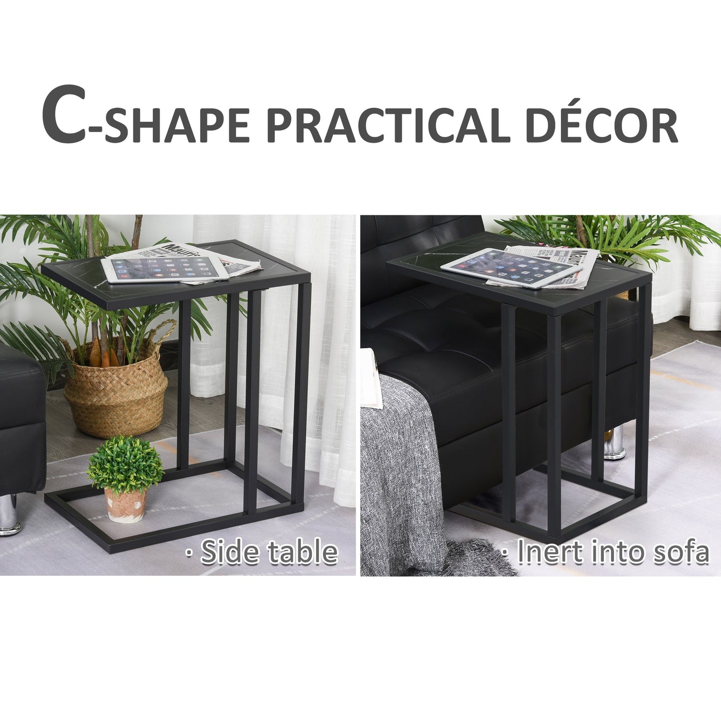 C Shape Side Table Marble-Effect Top Metal Frame Space-Saving Furniture