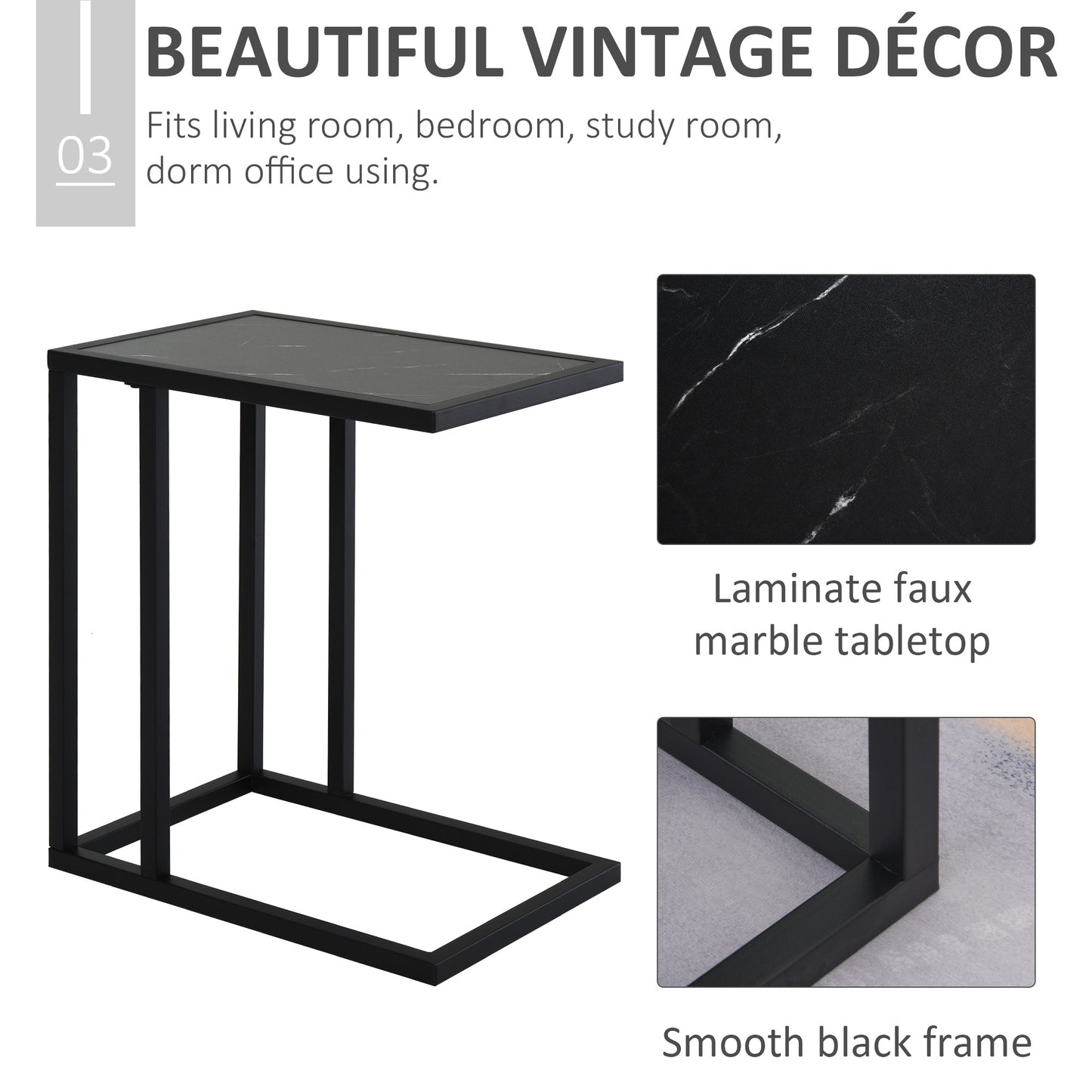 C Shape Side Table Marble-Effect Top Metal Frame Space-Saving Furniture