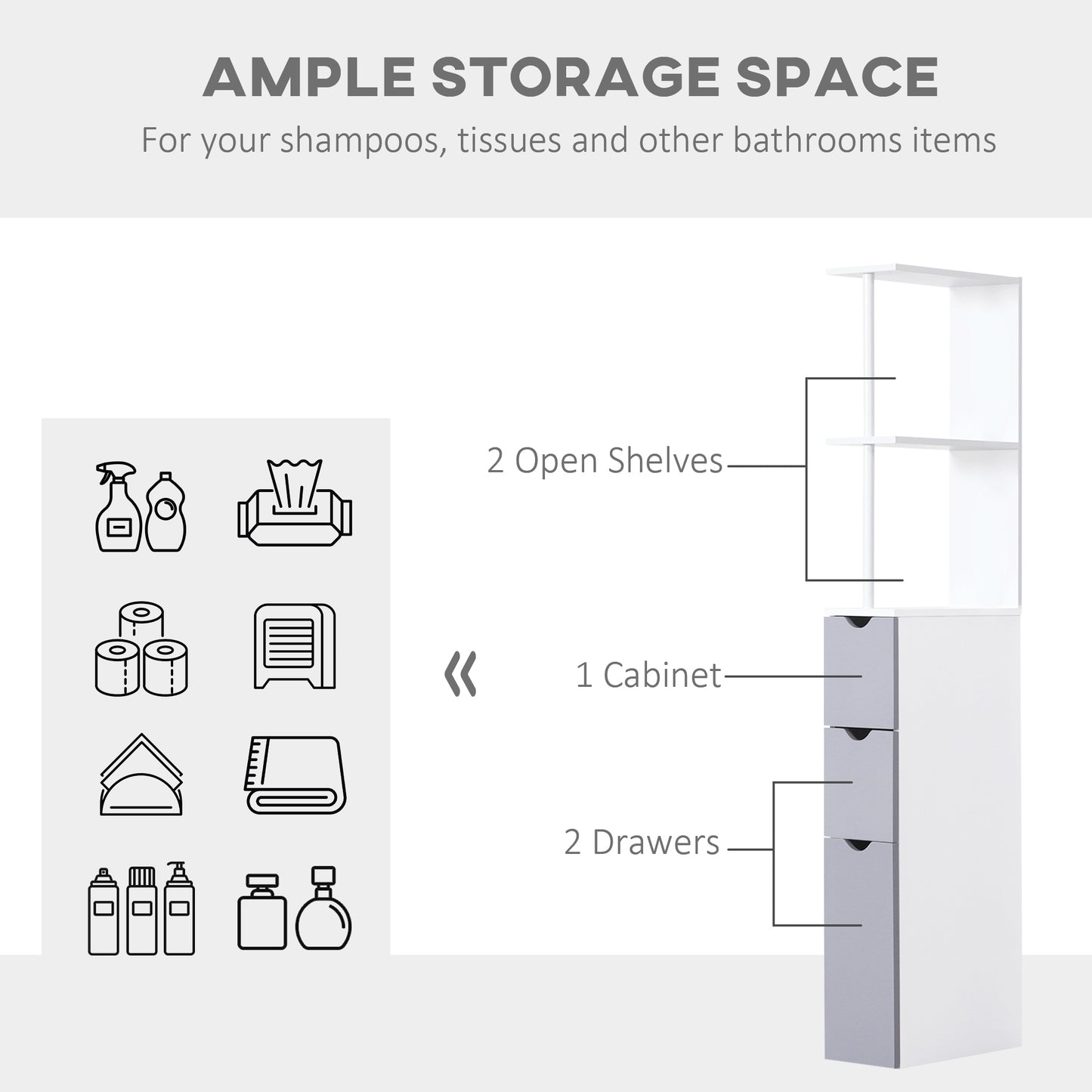 HOMCOM Bathroom Storage Cupboard Thin Cabinet Unit Shelf White w/ Drawers