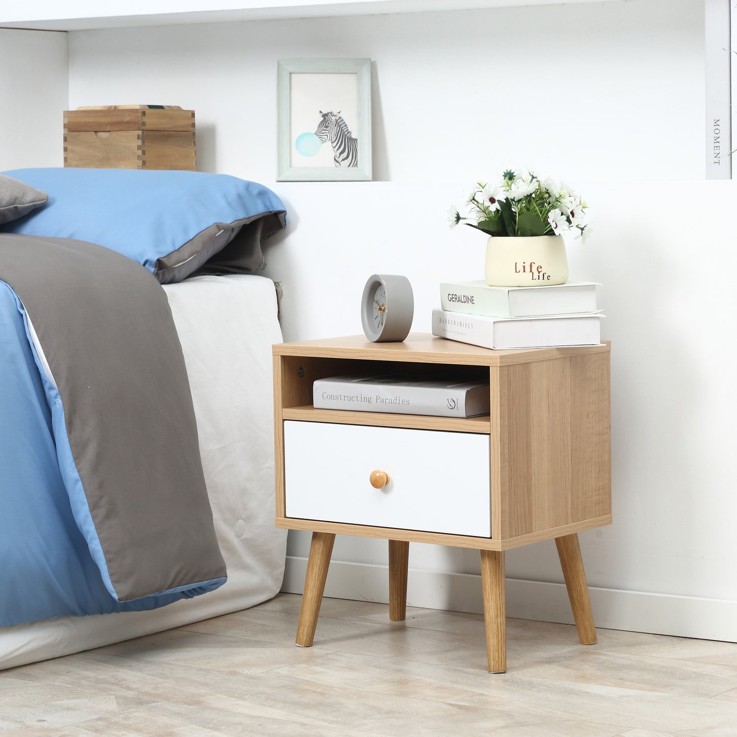 Bedside Table Modern Nightstand Bedside Cabinet w/ Drawer Shelf Natural