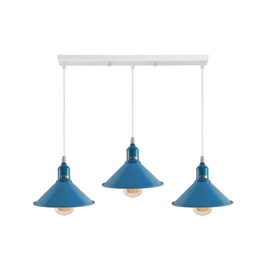 Industrial Vintage Loft Kitchen Bar 3 Lights Fittings Ceiling Cone Metal  E27 Blue with bulb