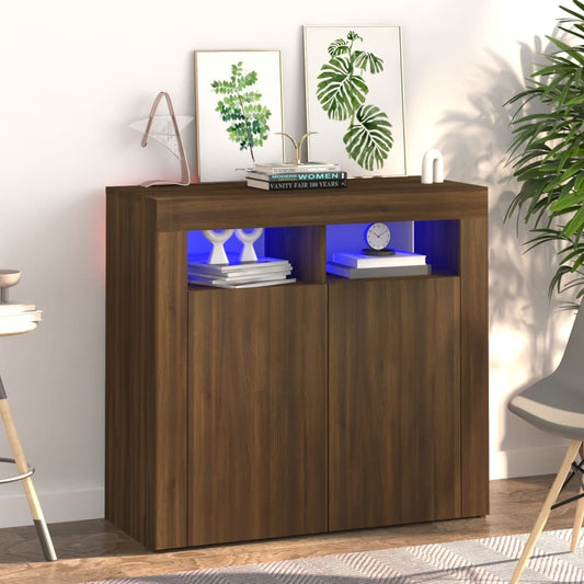 Sideboard with LED Lights Brown Oak 80x35x75 cm