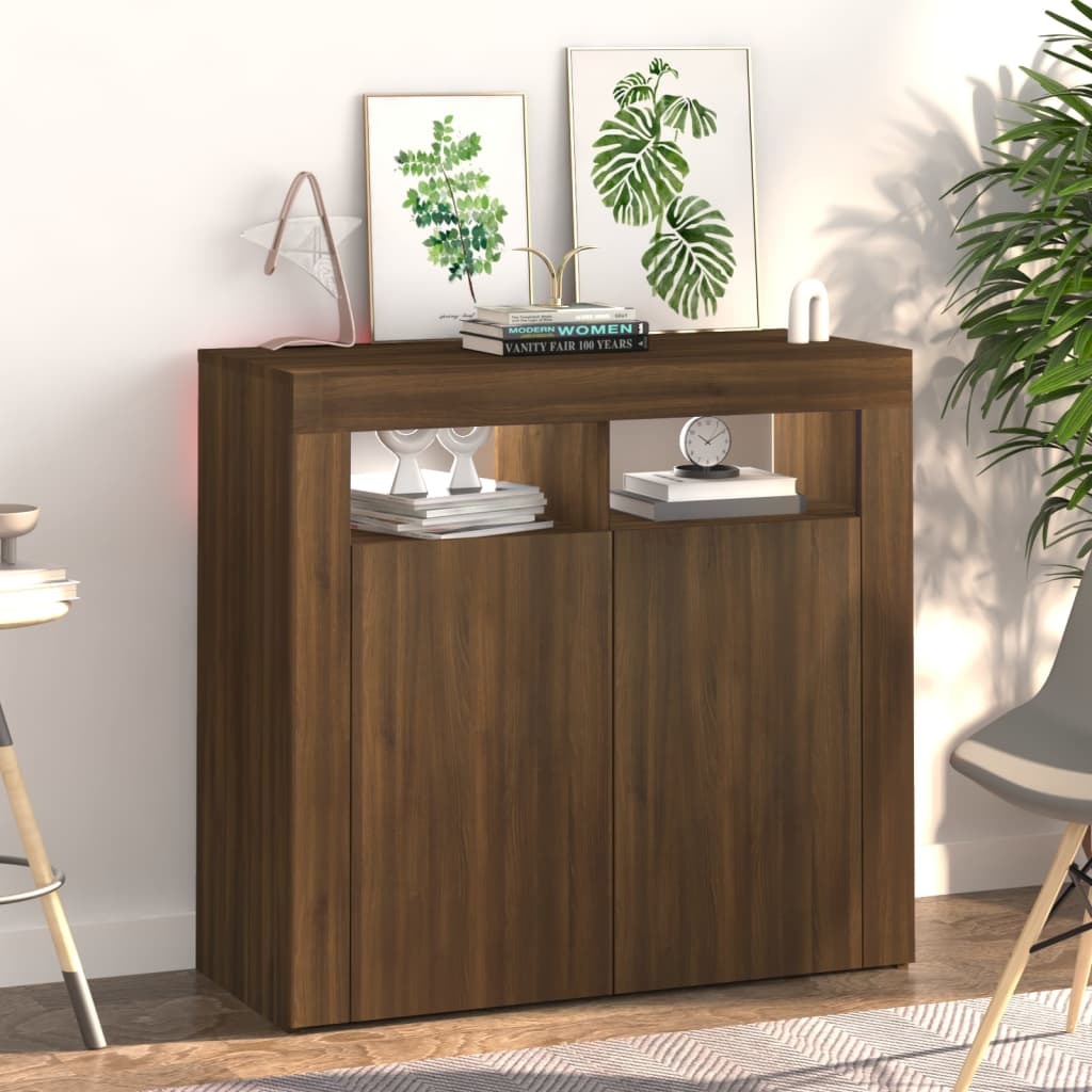 Sideboard with LED Lights Brown Oak 80x35x75 cm