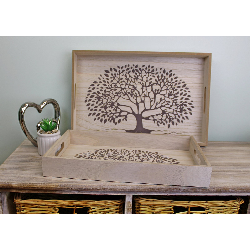 Set Of 2 Tree Of Life Wooden Trays