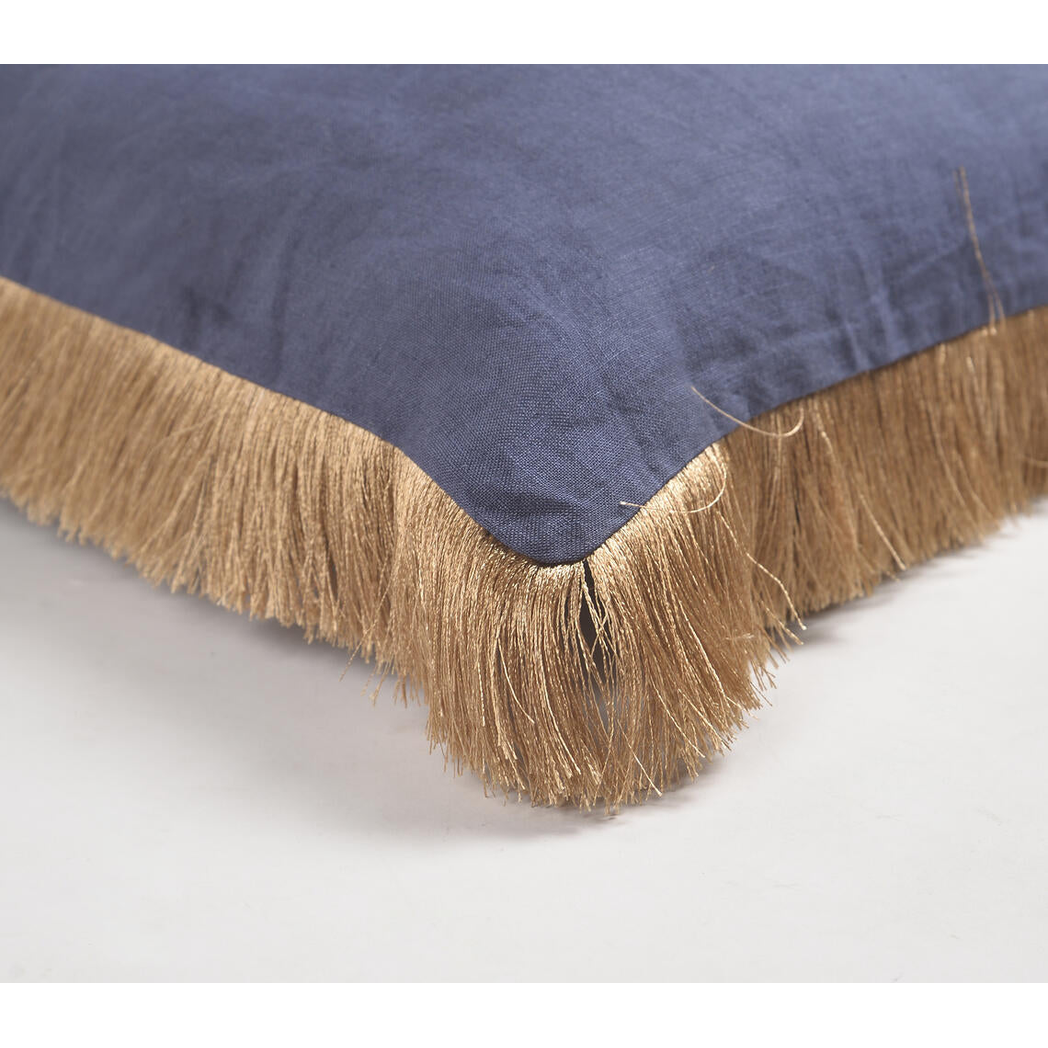 Solid Navy Cotton Linen Cushion Cover with Fringed Border