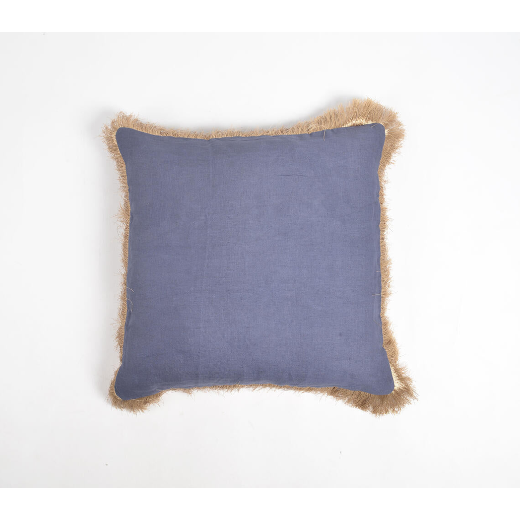 Solid Navy Cotton Linen Cushion Cover with Fringed Border