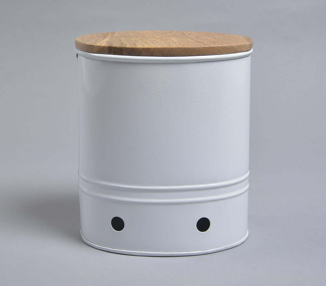 White Galvanized Iron Ribbed Box with Wooden Lid