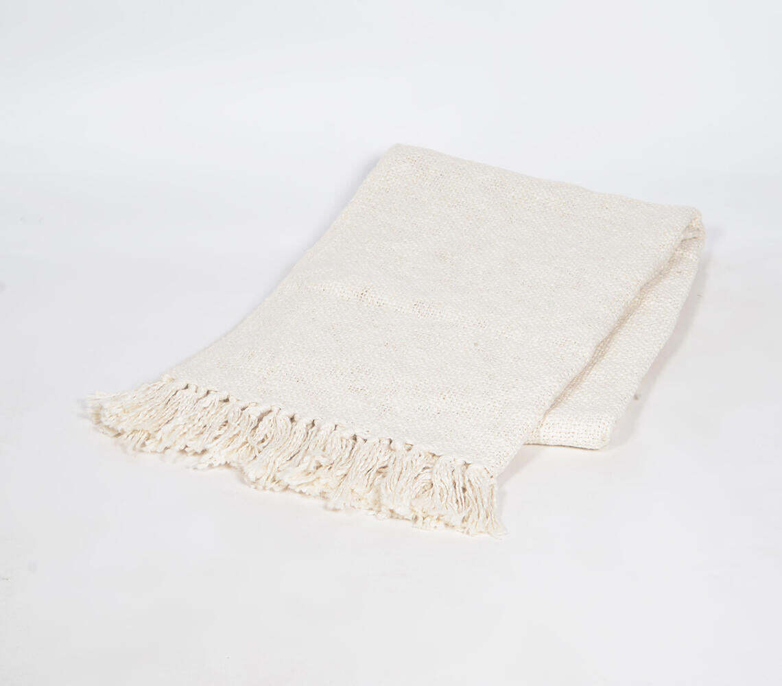 Solid Ivory Cotton Tasseled Throw