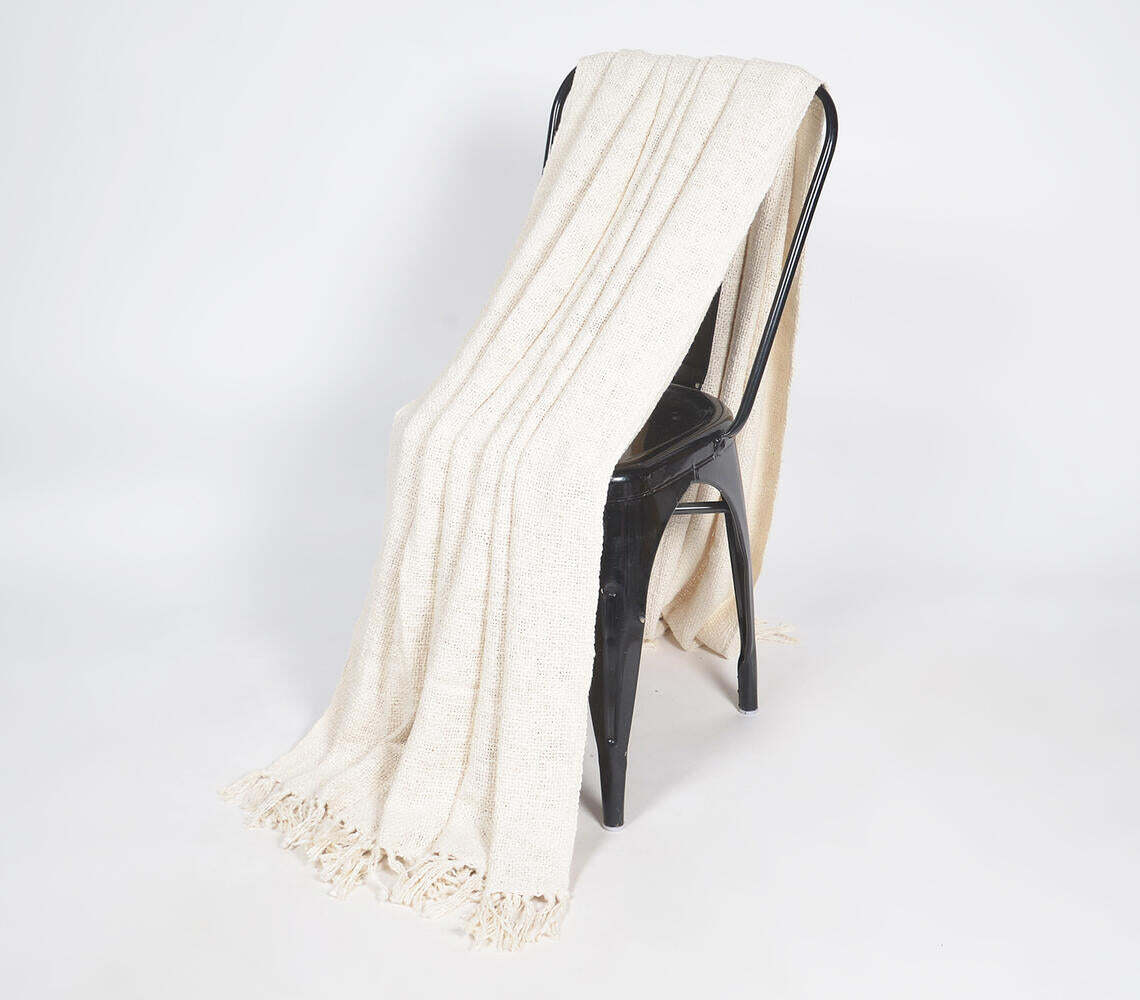 Solid Ivory Cotton Tasseled Throw