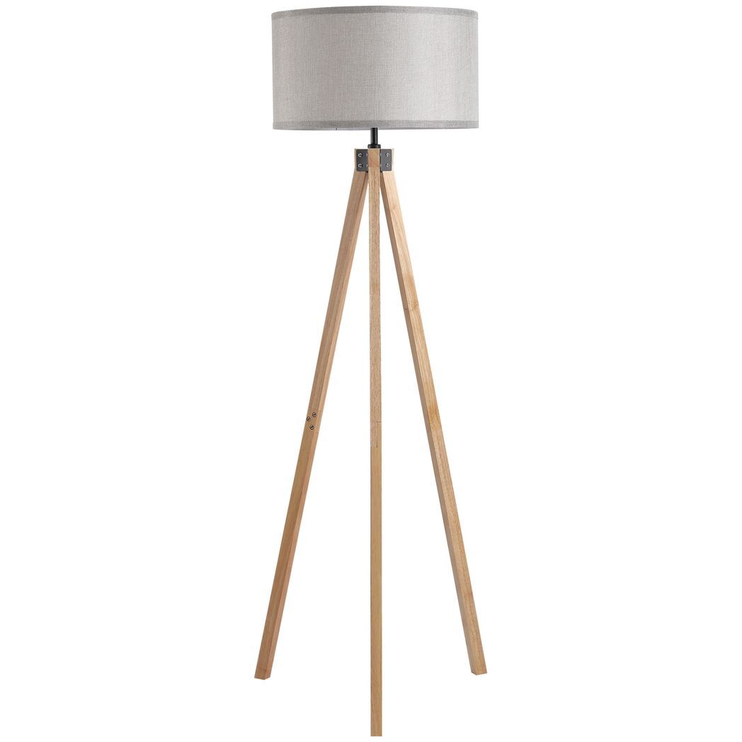 Wood Tripod Floor Lamp Home Lighting Elegant E27 Bulb Linen Shade Grey