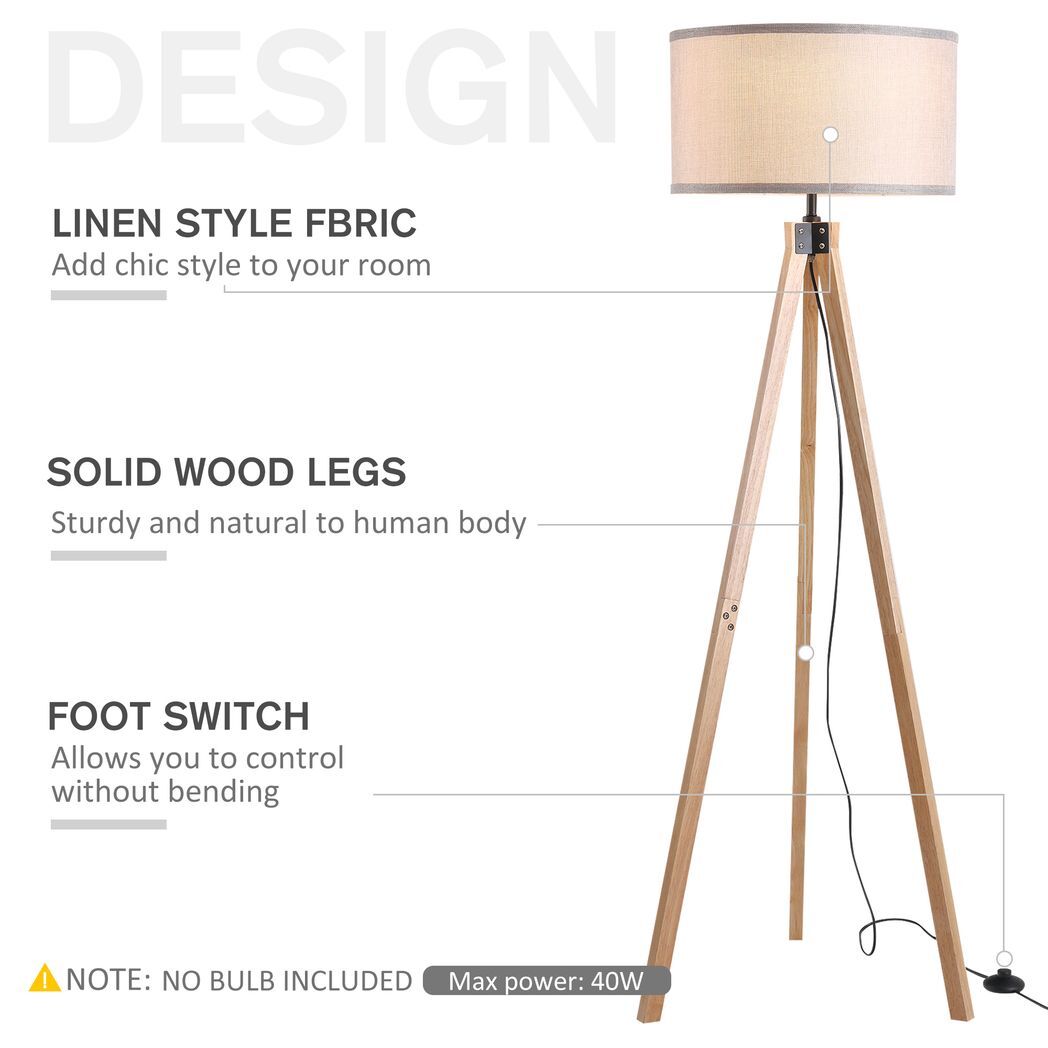 Wood Tripod Floor Lamp Home Lighting Elegant E27 Bulb Linen Shade Grey