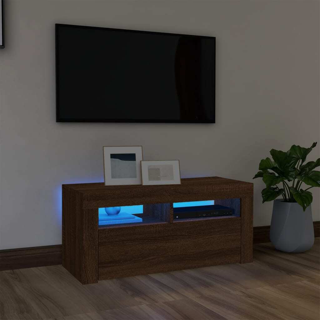 TV Cabinet with LED Lights Brown Oak 90x35x40 cm