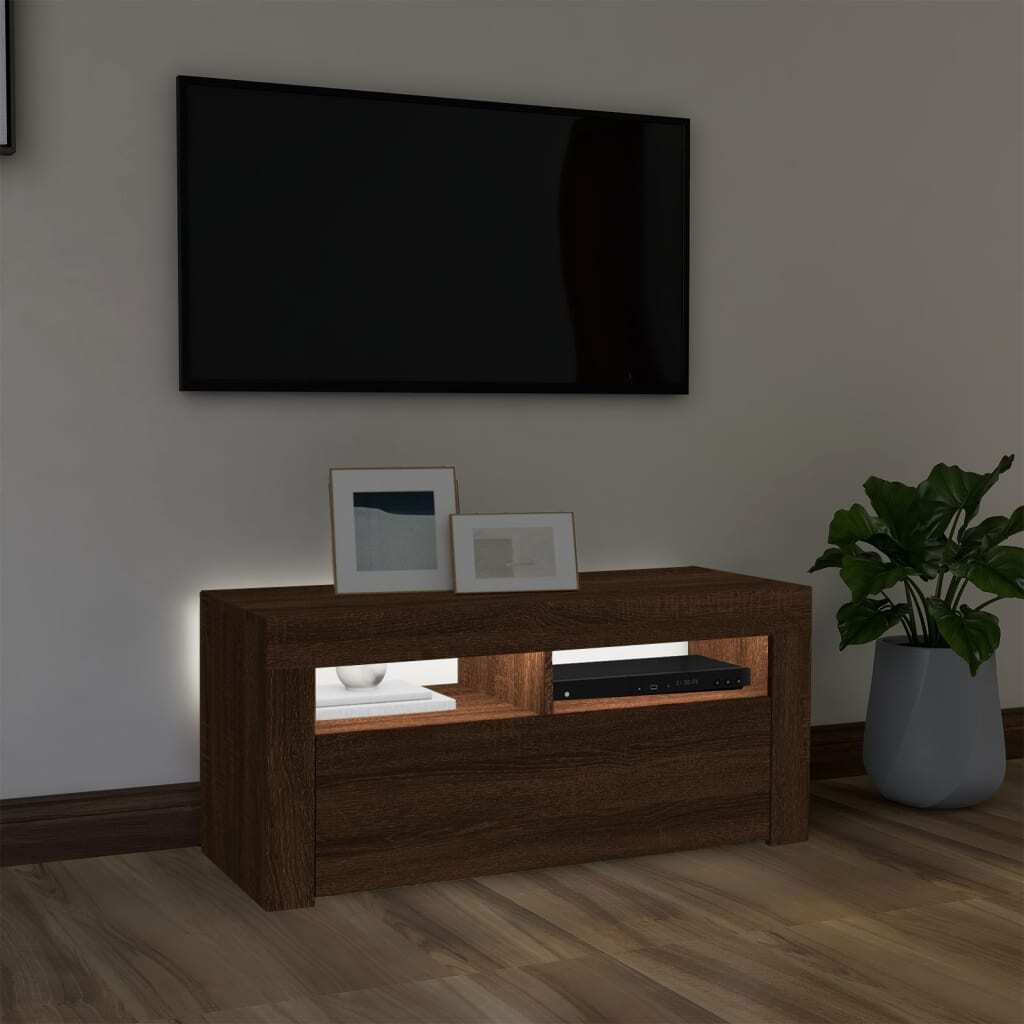 TV Cabinet with LED Lights Brown Oak 90x35x40 cm