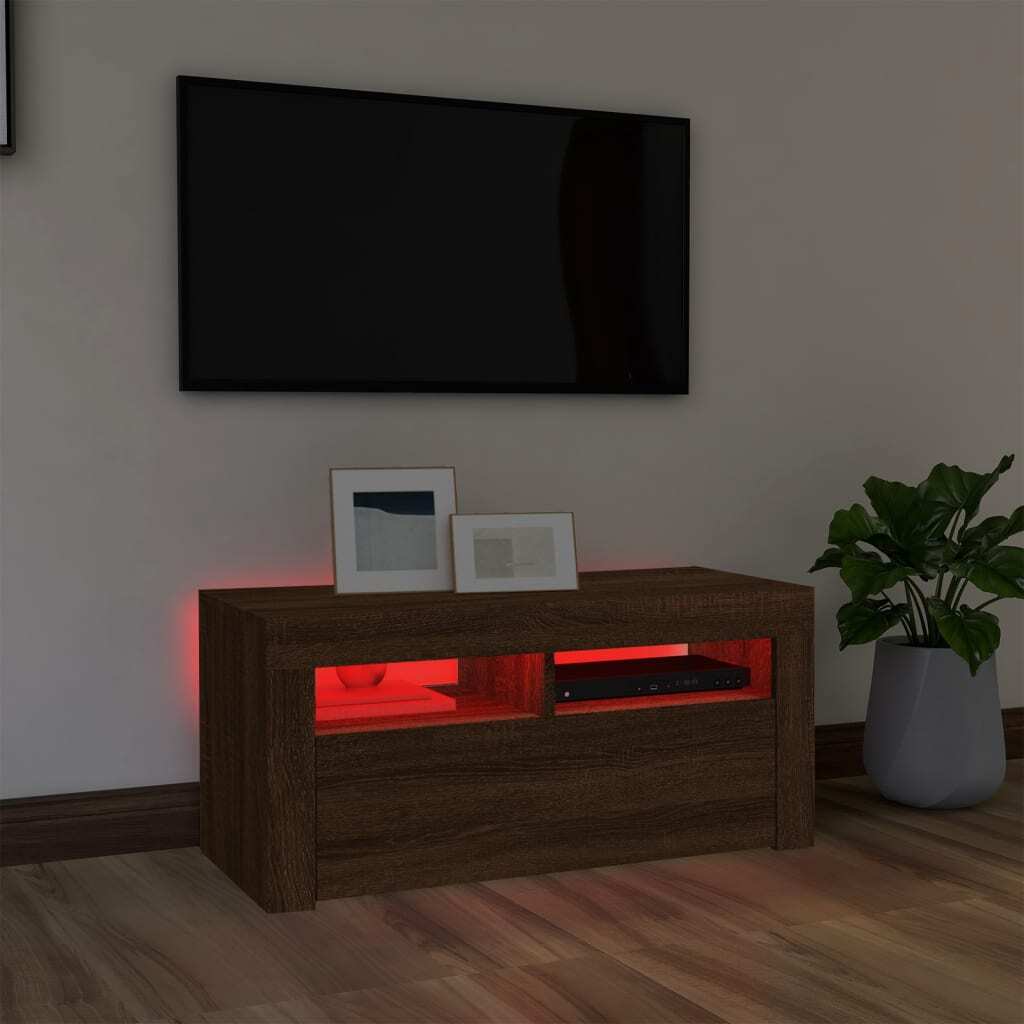 TV Cabinet with LED Lights Brown Oak 90x35x40 cm