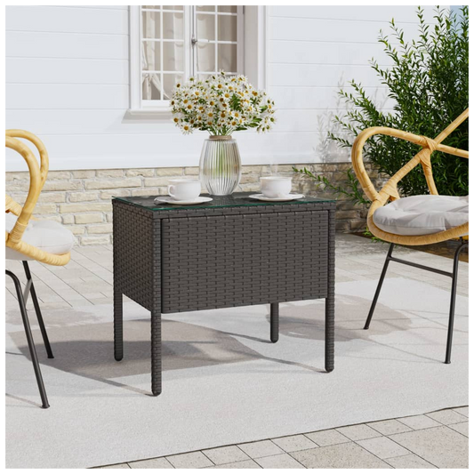 Side Table Black 53x37x48 cm Poly Rattan and Tempered Glass