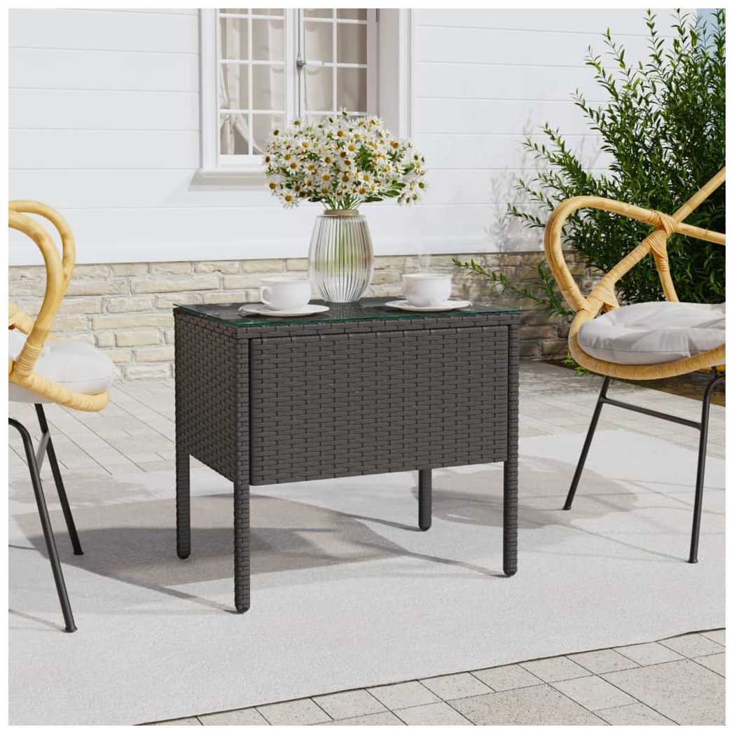 Side Table Black 53x37x48 cm Poly Rattan and Tempered Glass