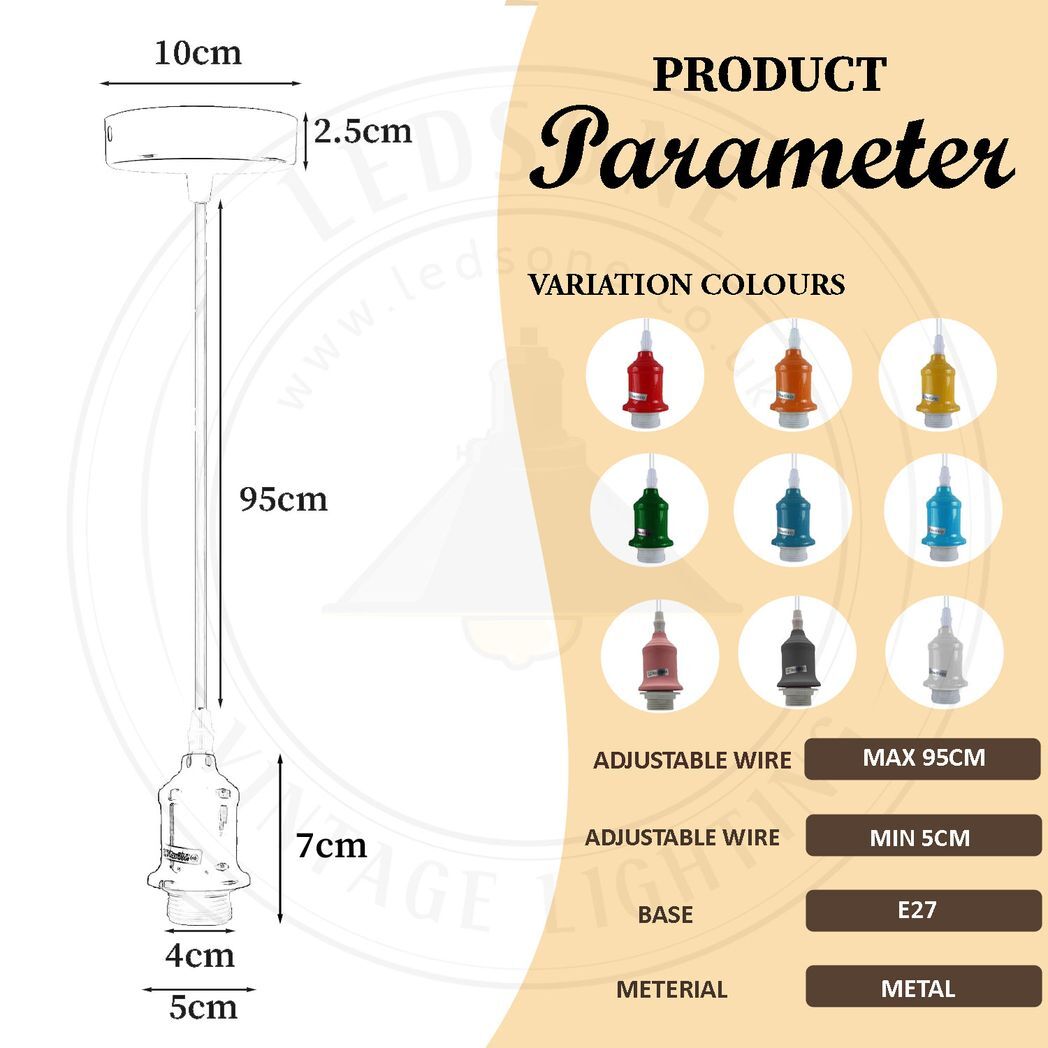 Industrial Pendant Light Fitting, lampshade addable E27 Lamp Holder Fitting Set with PVC Cable