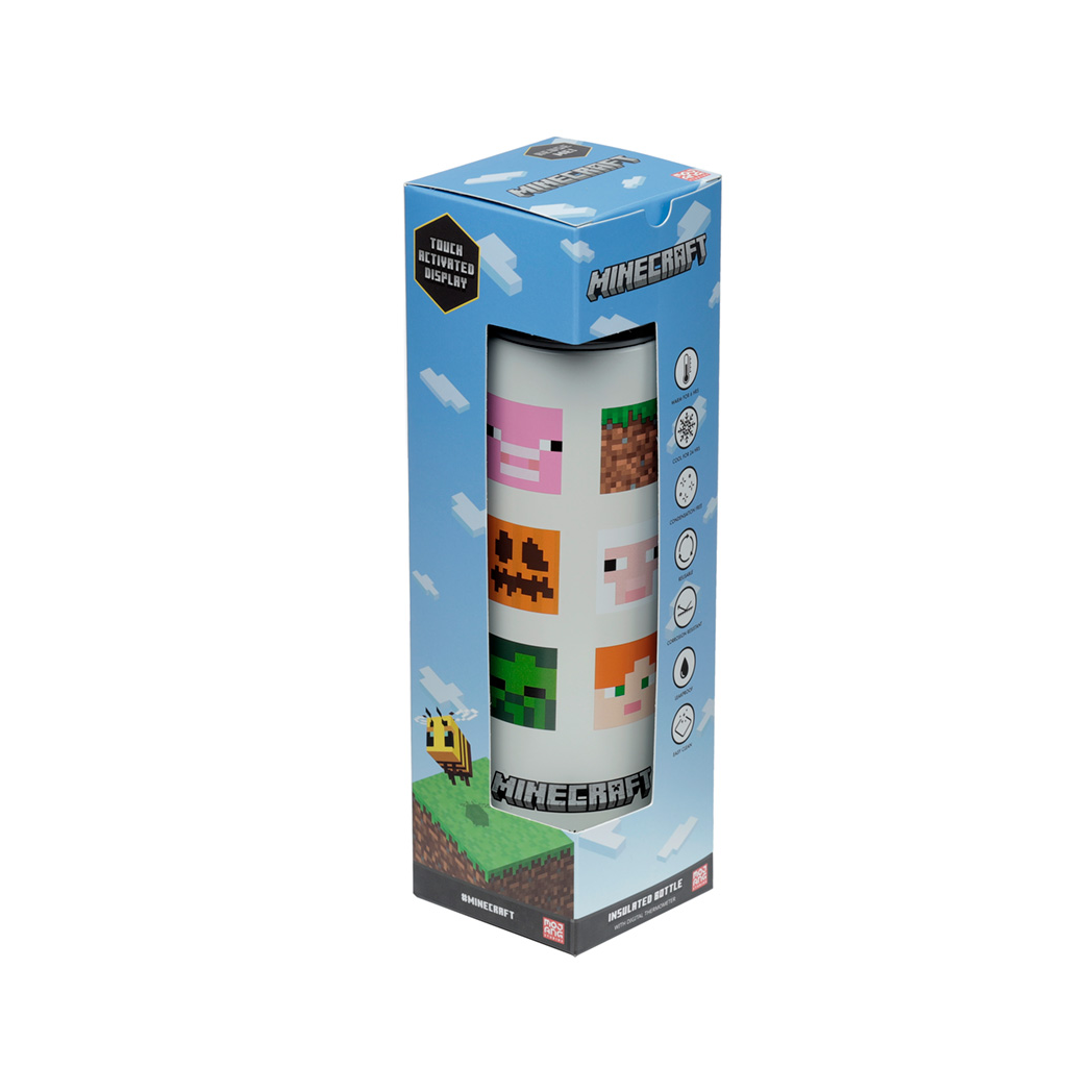 Reusable Stainless Steel Hot & Cold Insulated Drinks Bottle Digital Thermometer - Minecraft Faces