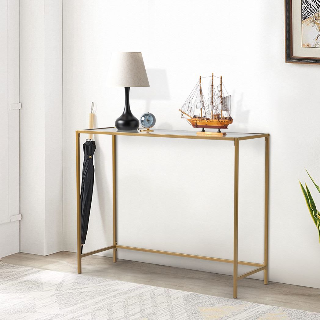 39.4" Console Sofa Table, Modern Entryway Table, Tempered Glass Table, Metal Frame,  for Living Room, Hallway, Gold Color