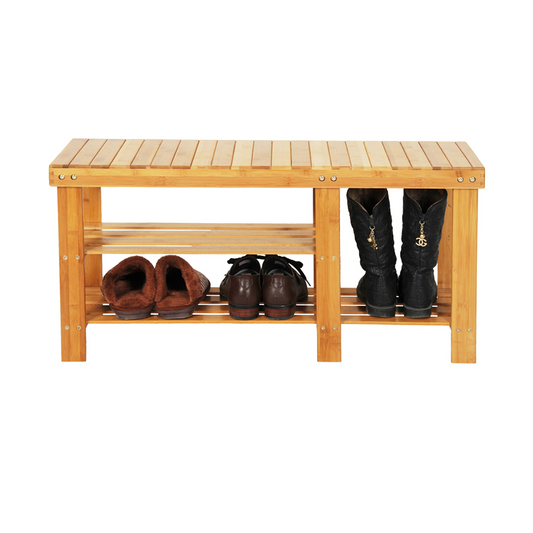 90cm Strip Pattern Tiers Bamboo Stool Shoe Rack with Boots Compartment Wood Color