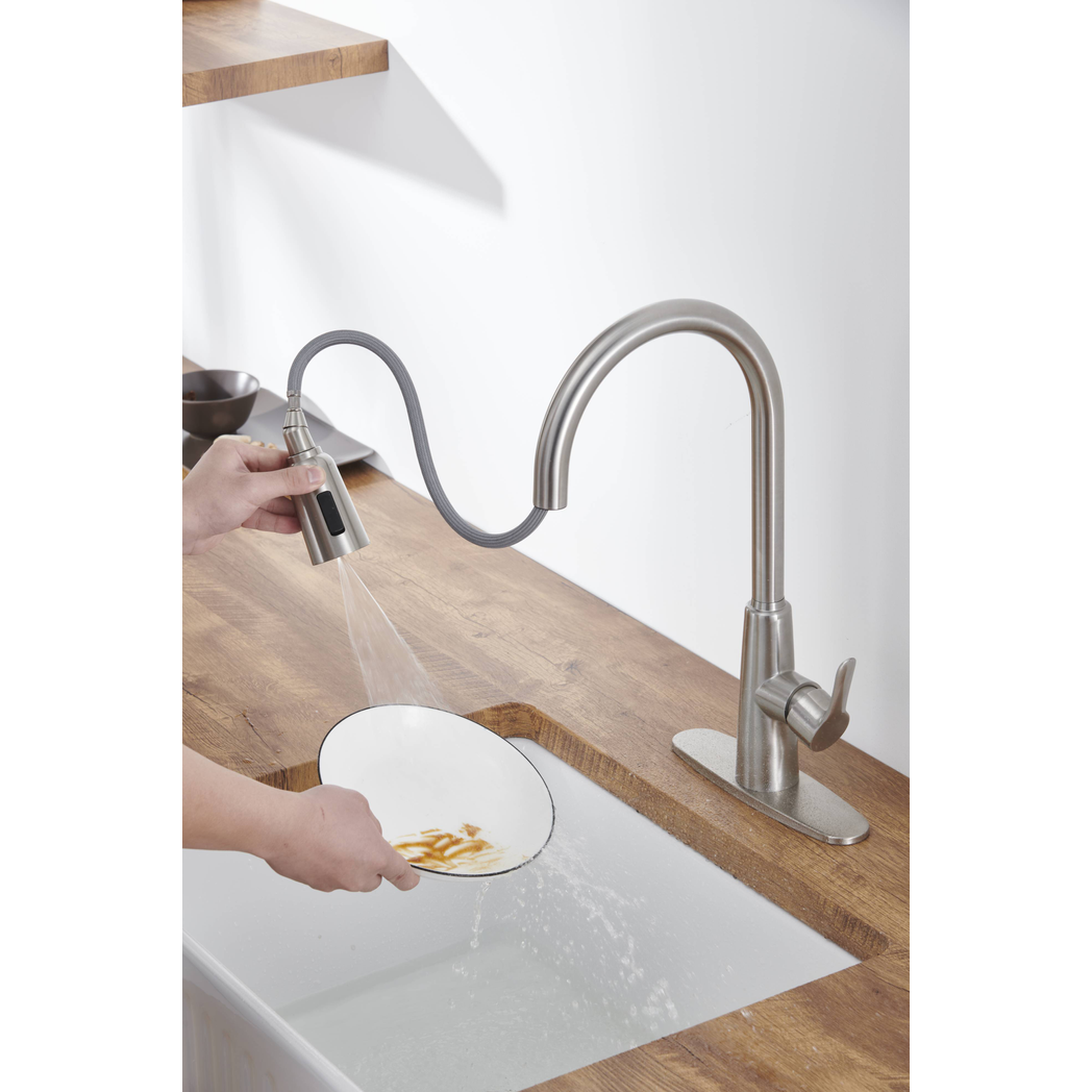 Kitchen Sink Faucet with Pull Out Sprayer Brushed Nickle,Stainless Steel High Arc Kitchen Sink Faucet, 3 Way Setting Single Handle Kitchen Faucets with Deck Plate