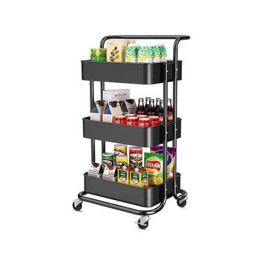 Three-layer mesh utility cart, rolling cart with handle and lockable wheel, multi-function storage rack in kitchen, living room and office