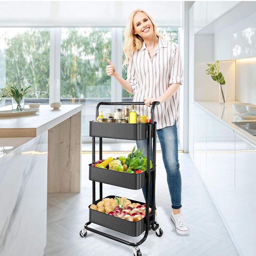 Three-layer mesh utility cart, rolling cart with handle and lockable wheel, multi-function storage rack in kitchen, living room and office