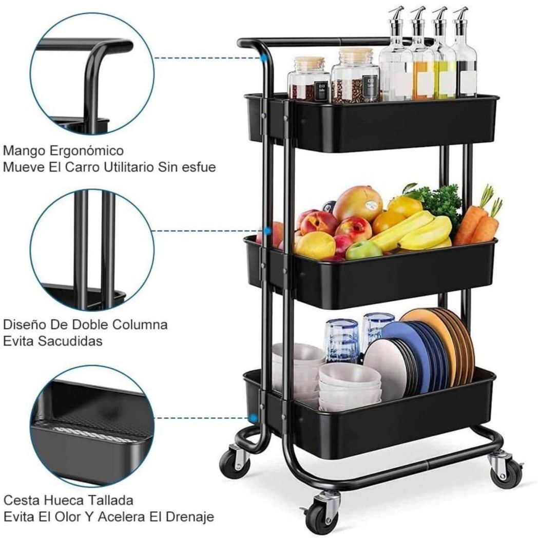 Three-layer mesh utility cart, rolling cart with handle and lockable wheel, multi-function storage rack in kitchen, living room and office