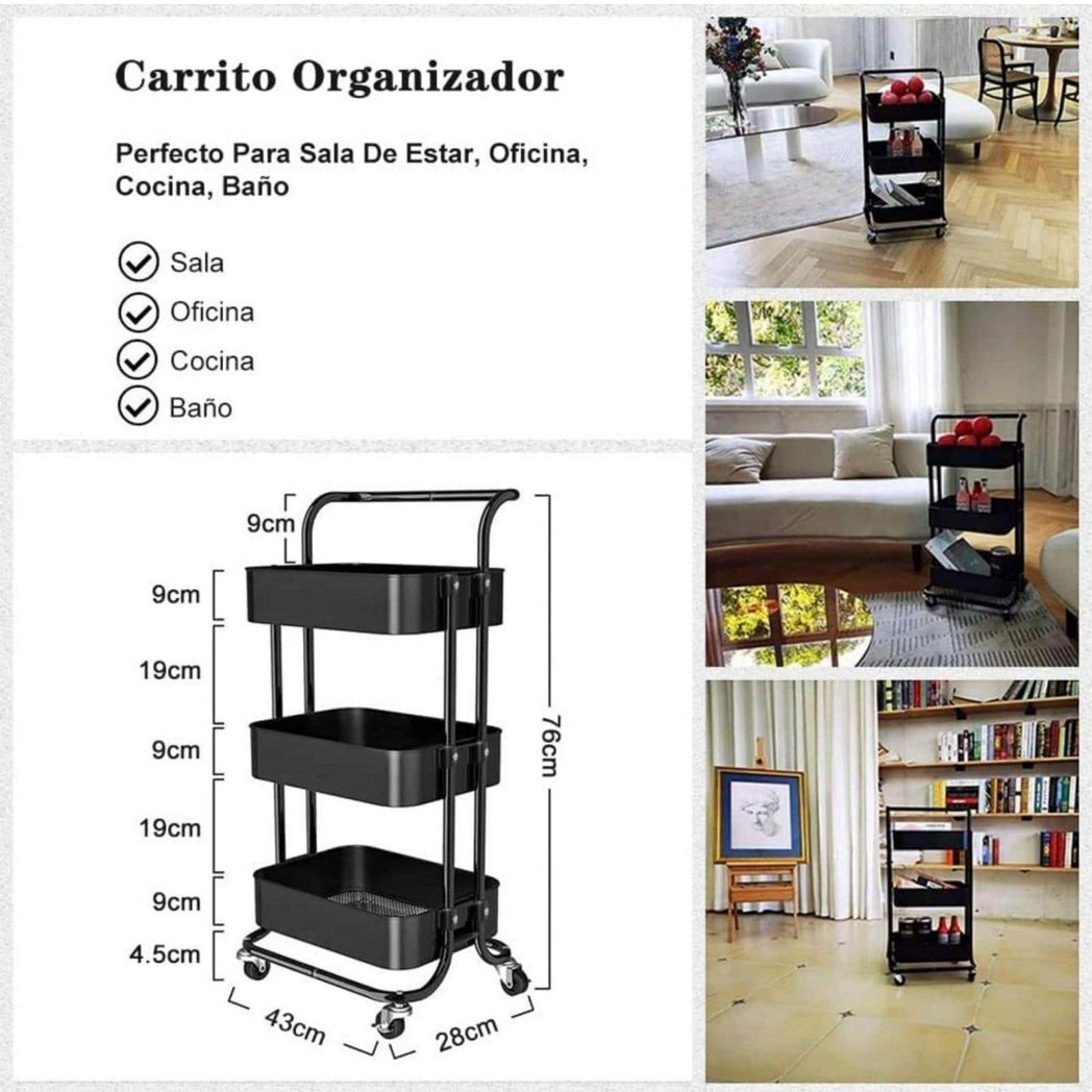 Three-layer mesh utility cart, rolling cart with handle and lockable wheel, multi-function storage rack in kitchen, living room and office