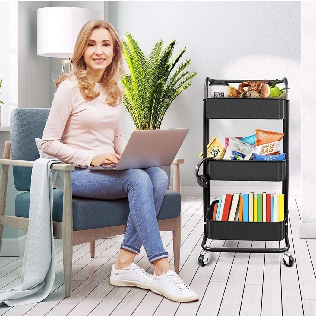 Three-layer mesh utility cart, rolling cart with handle and lockable wheel, multi-function storage rack in kitchen, living room and office