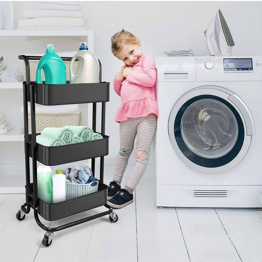 Three-layer mesh utility cart, rolling cart with handle and lockable wheel, multi-function storage rack in kitchen, living room and office