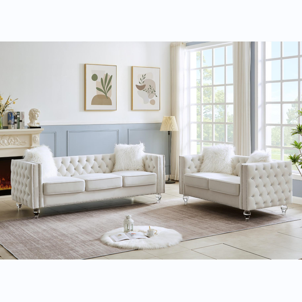 Beige, 2+3 Seat Sofa Set, Velvet Crystal Buckle Upholstery Sofa, Crystal Feet, Removable Cushion, Four Plush Pillow