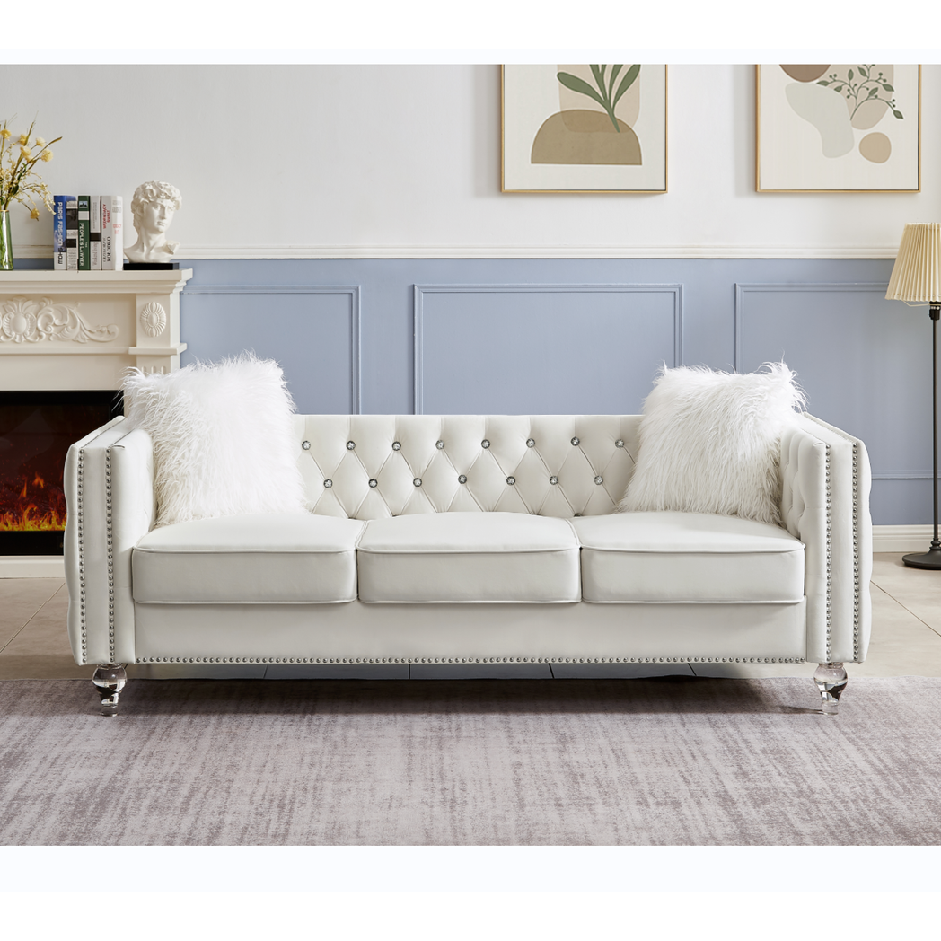 Beige, 2+3 Seat Sofa Set, Velvet Crystal Buckle Upholstery Sofa, Crystal Feet, Removable Cushion, Four Plush Pillow