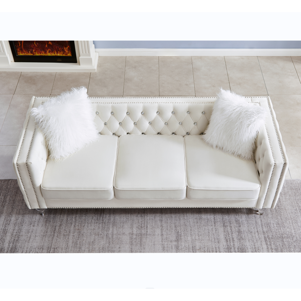 Beige, 2+3 Seat Sofa Set, Velvet Crystal Buckle Upholstery Sofa, Crystal Feet, Removable Cushion, Four Plush Pillow