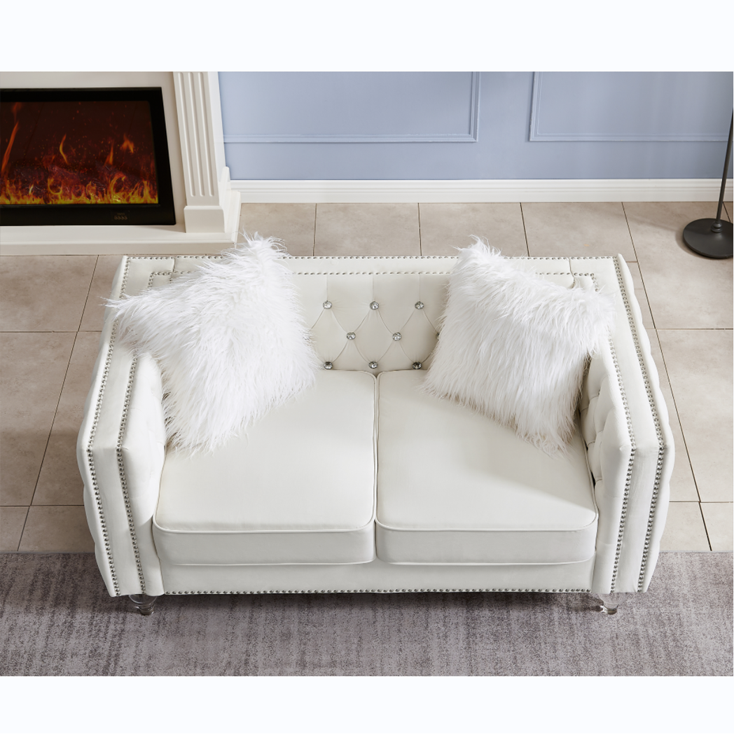 Beige, 2+3 Seat Sofa Set, Velvet Crystal Buckle Upholstery Sofa, Crystal Feet, Removable Cushion, Four Plush Pillow