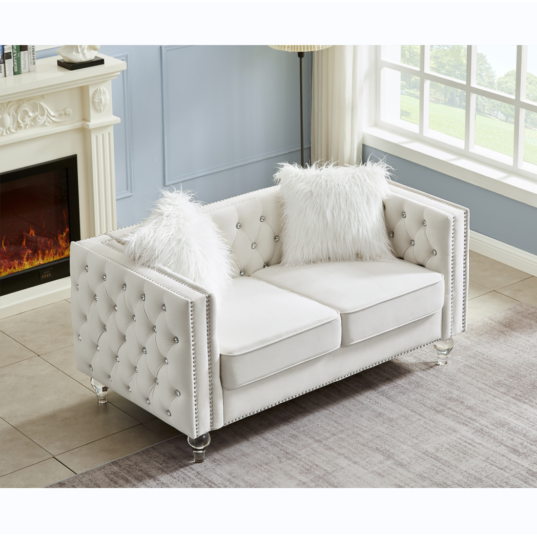 Beige, 2+3 Seat Sofa Set, Velvet Crystal Buckle Upholstery Sofa, Crystal Feet, Removable Cushion, Four Plush Pillow