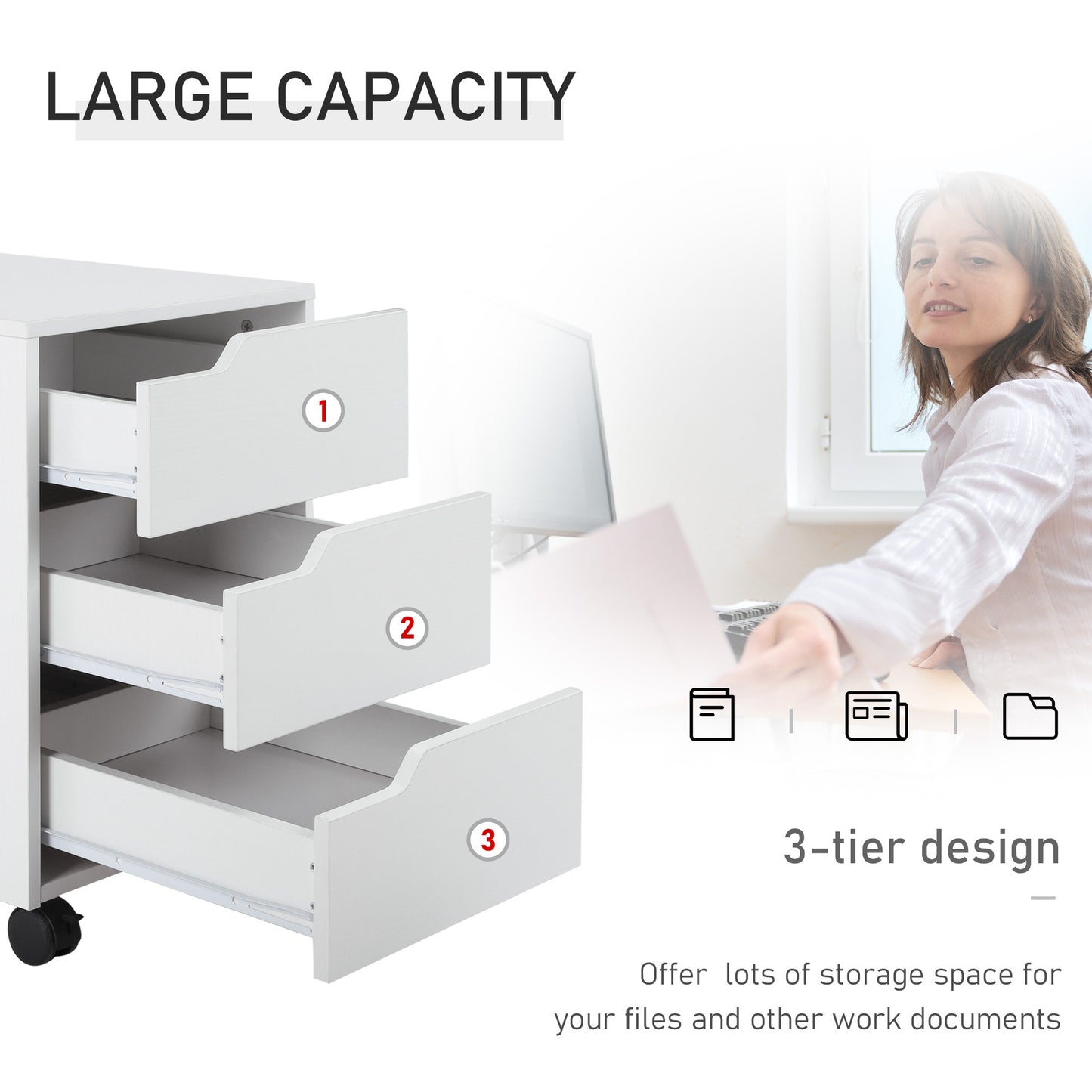 MDF Mobile File Cabinet w/ 3 Drawers Locking Wheels Metal Rails White