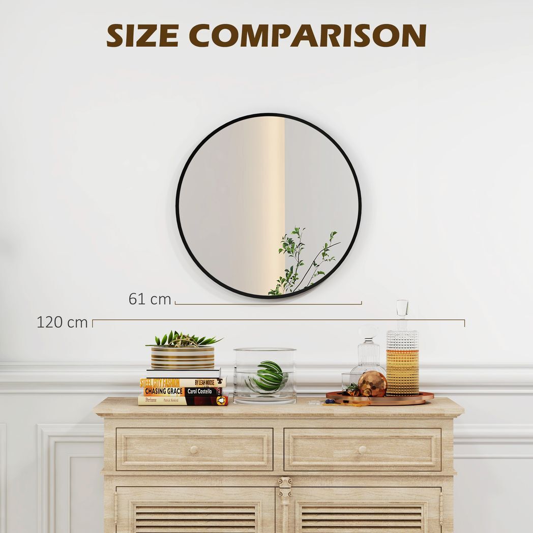 HOMCOM Wall Mirror for Living Room Bedroom, 61 cm Circle Bathroom Mirror, Black