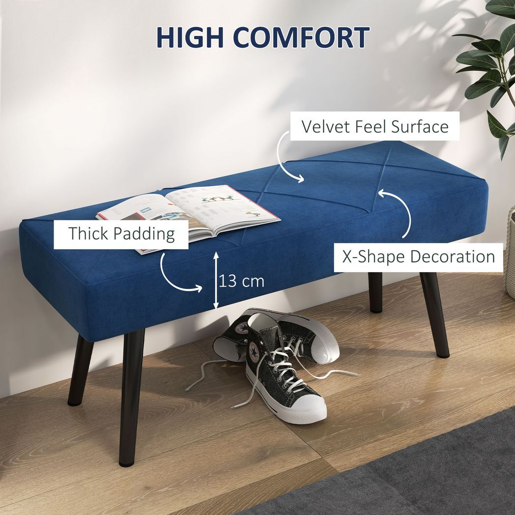 HOMCOM End of Bed Bench, Upholstered Hallway Bedroom with Steel Legs, Blue