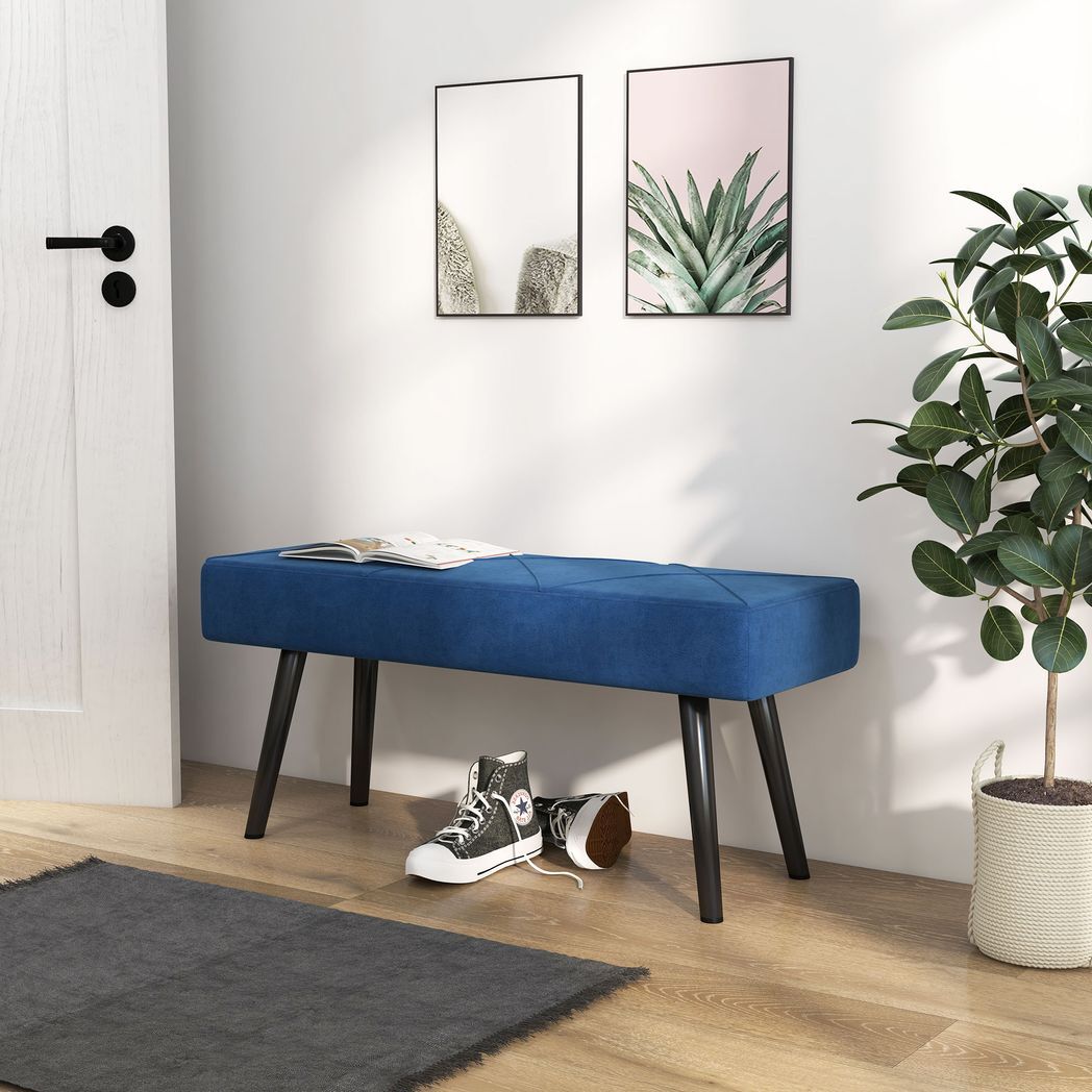 HOMCOM End of Bed Bench, Upholstered Hallway Bedroom with Steel Legs, Blue