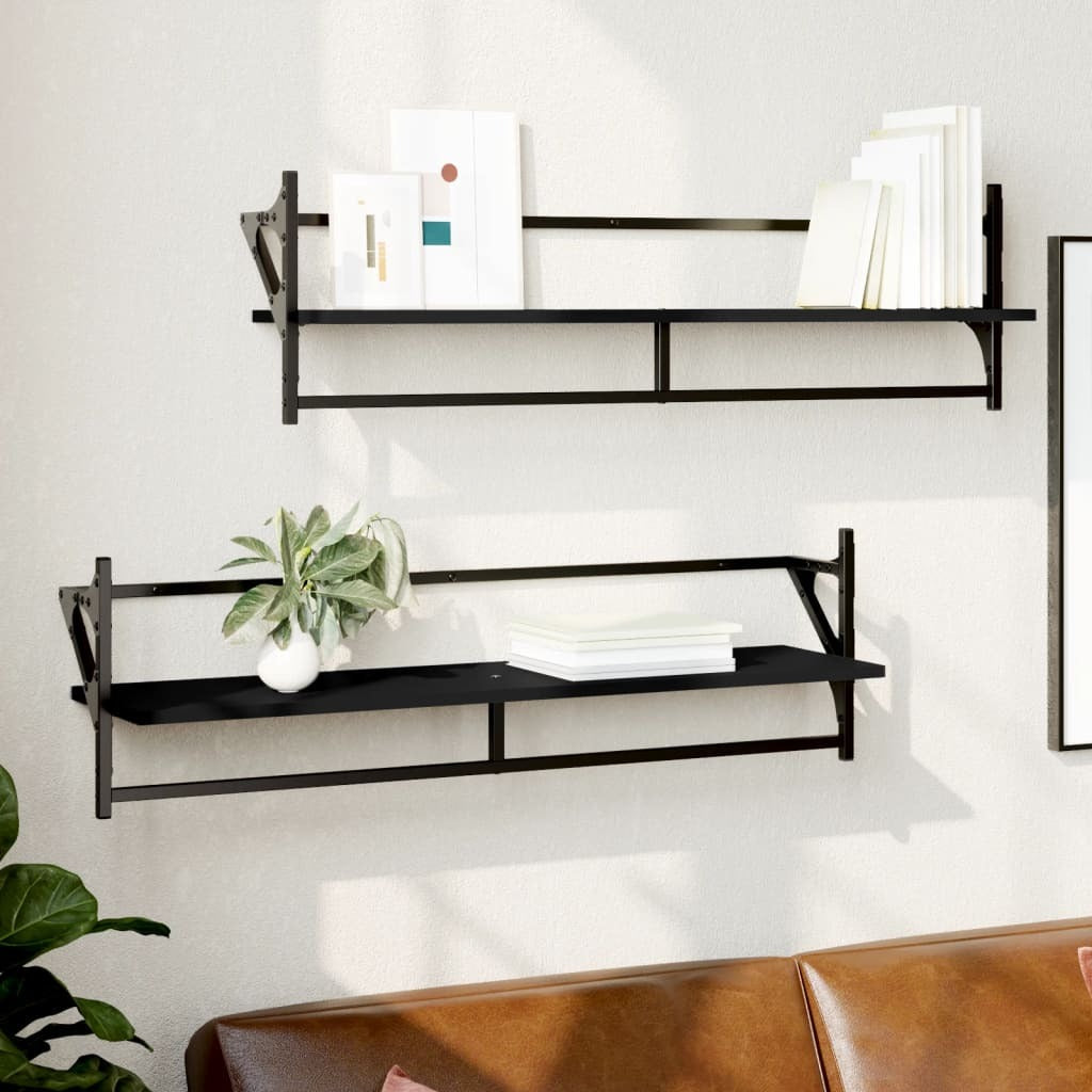 vidaXL Wall Shelves with Bars 2 pcs Black 100x25x30 cm